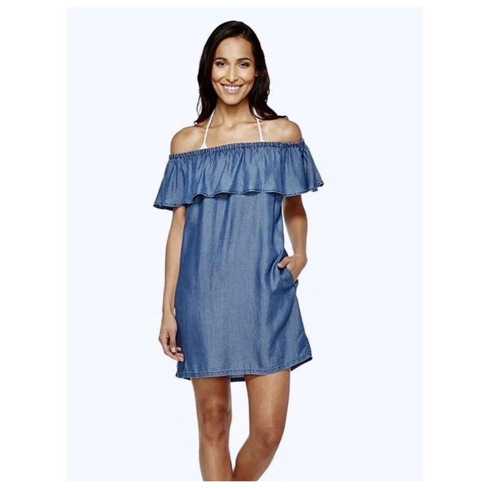 Tommy Bahama Womens Blue Tencel Chambray Off Shoulder Ruffle Dress M
